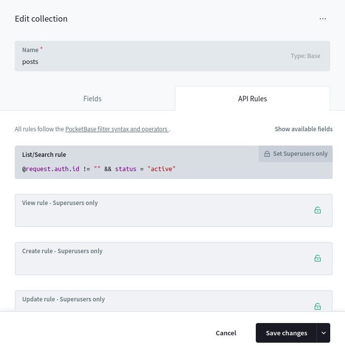 Collection API Rules filters screenshot
