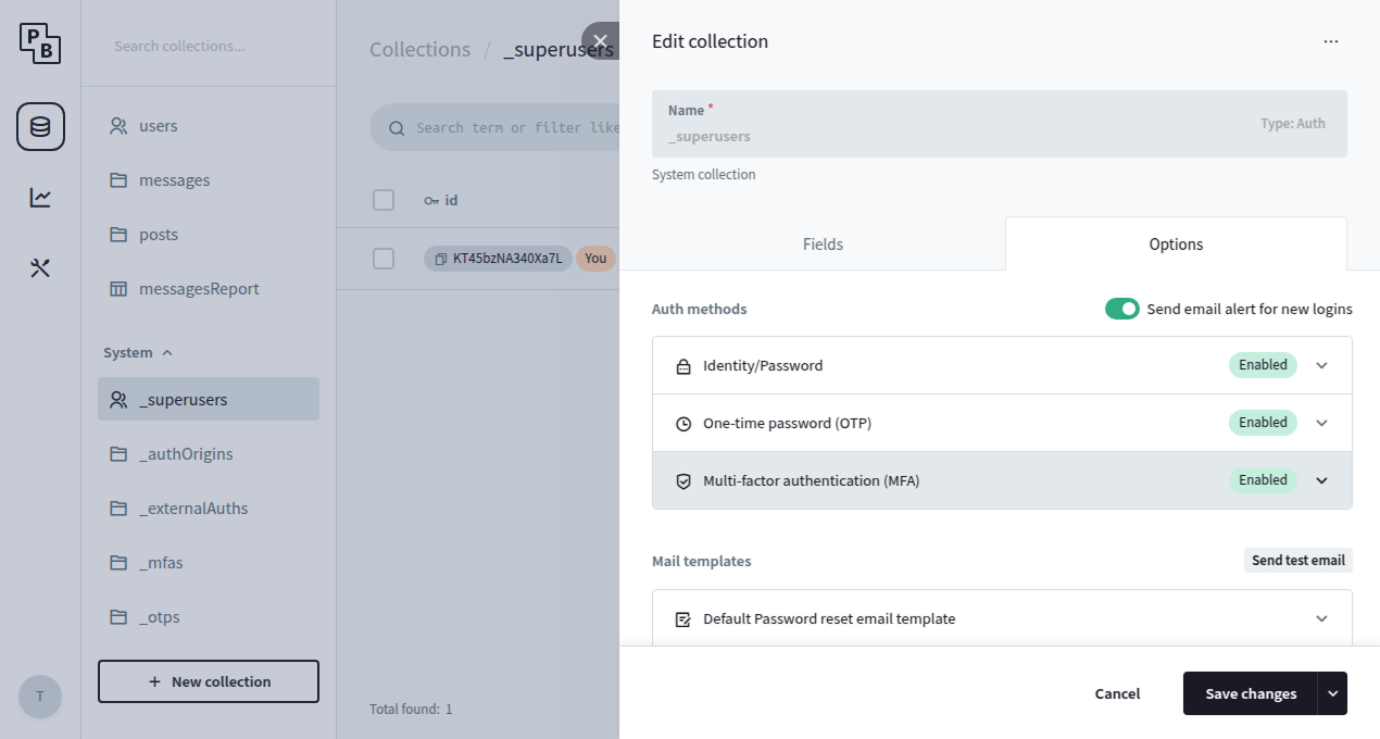 Superusers MFA settings screenshot